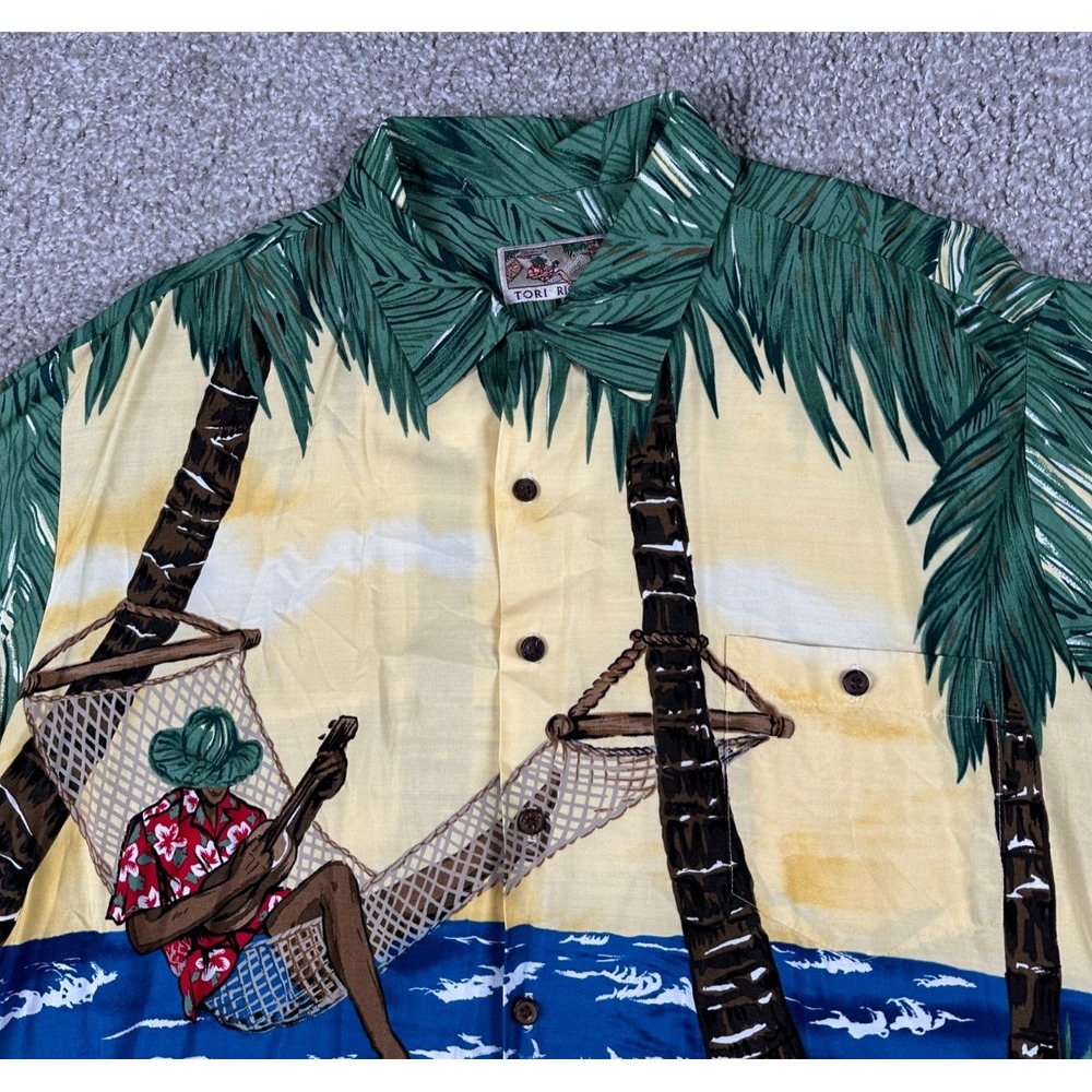 Vintage Tori Richard Shirt Mens XL Hawaiian Aloha Beach Palm Sunset Ukulele 90s - Picture 2 of 9